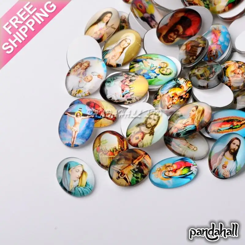 

Jesus and the Virgin Printed Glass Oval Cabochons, Mixed Color, 25x18x6mm