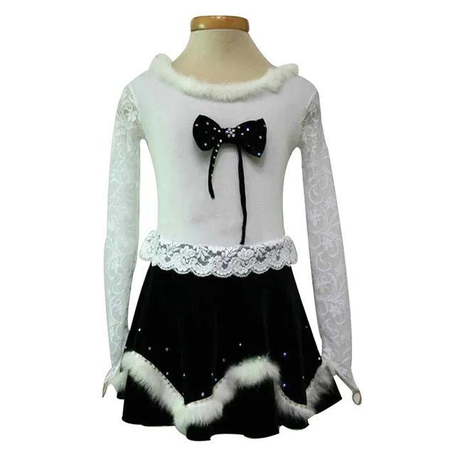 Cheap Customized Costume Ice Figure Skating Dress Gymnastics Competition White Black Adult Child Performance Lace Sleeve Plush Border