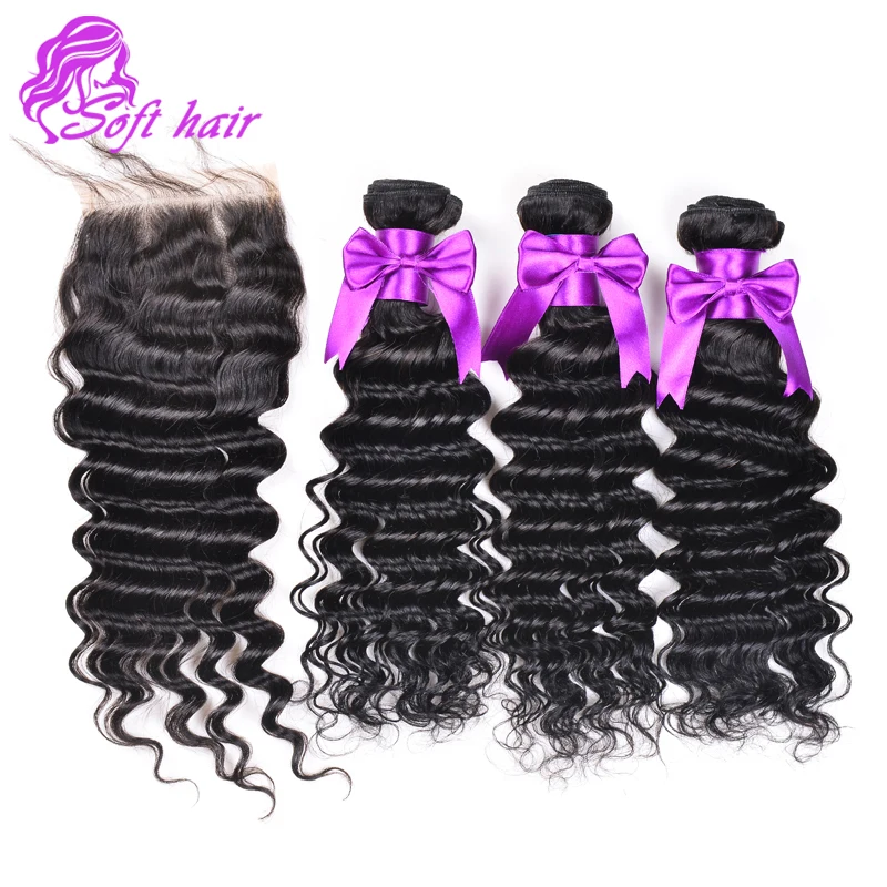 10A Brazilian Deep Wave With Closure 3 bundles Hair Weave With 1 Lace Closure Cheap Brazilian Virgin Human Hair weave bundles