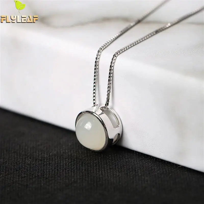 

Flyleaf Nature Hetian Jade Necklaces & Pendants Real 925 Sterling Silver Necklace For Women Box Chain Fine Jewelry Gift Luxury