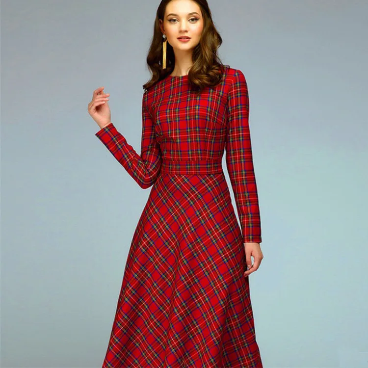 

2019 women's new long-sleeved red plaid midi dress waist oversized temperament dress