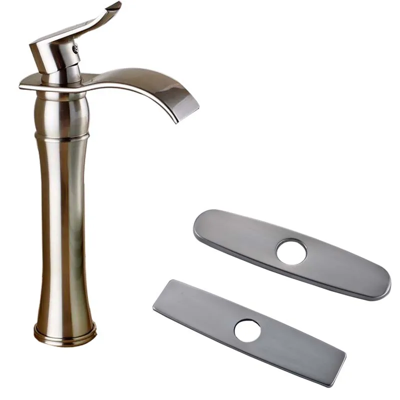 Brushed Nickel Waterfall Countertop Bathroom Basin Faucet Deck Mounted Mixer Water Crane 10 Hole Cover Plate