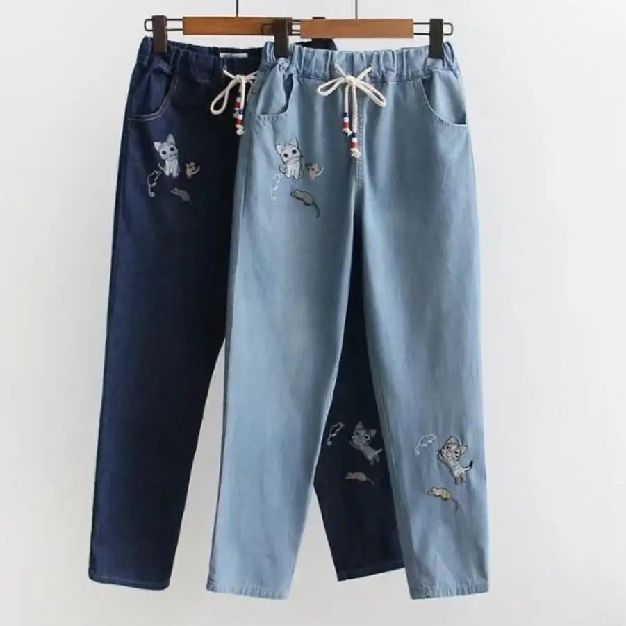 2018 spring new embroidery Cats sweet style women jeans Drawstring mid