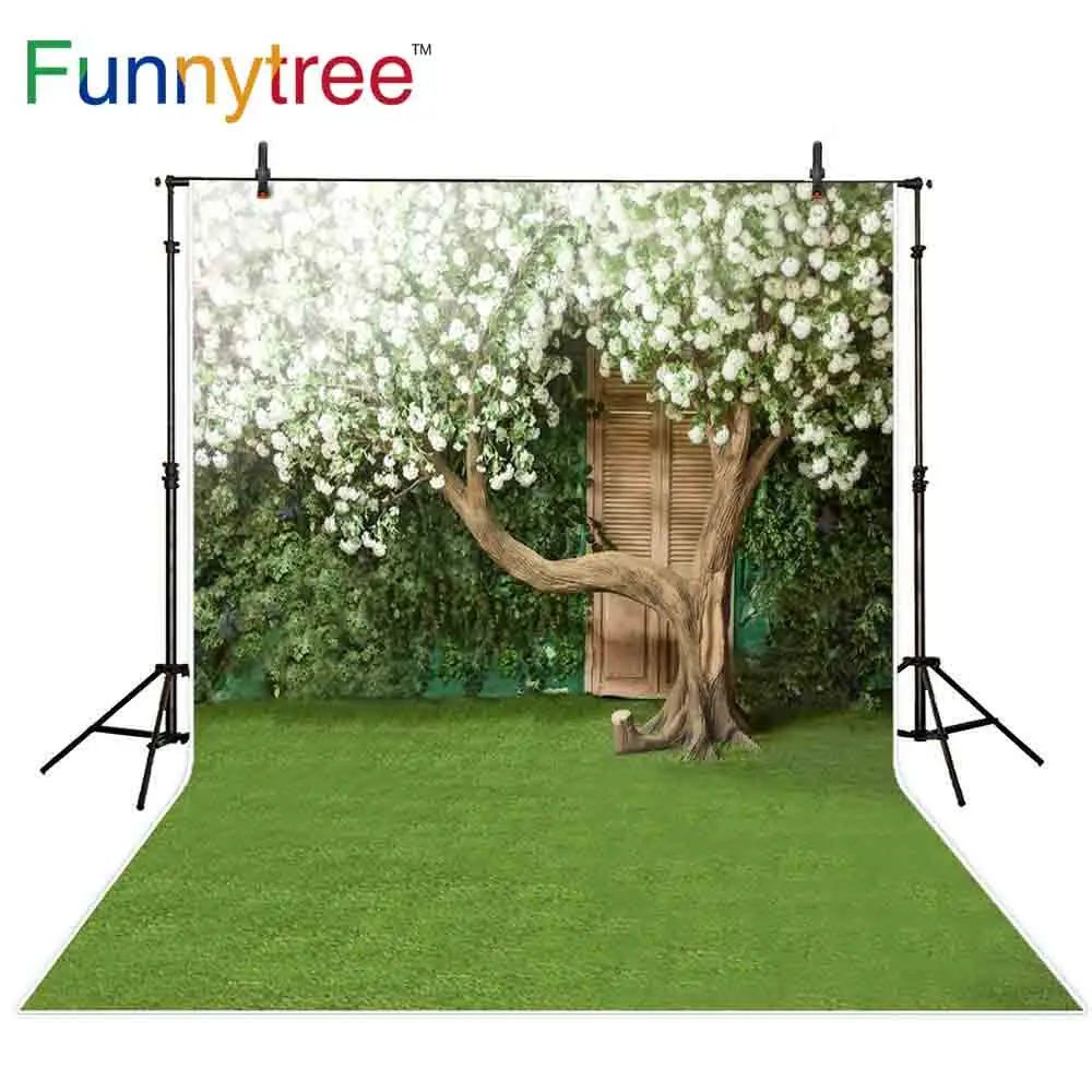 Funnytree photophone backdrops green screen white flower wood door tree meadow nature wedding mariage photo background photocall