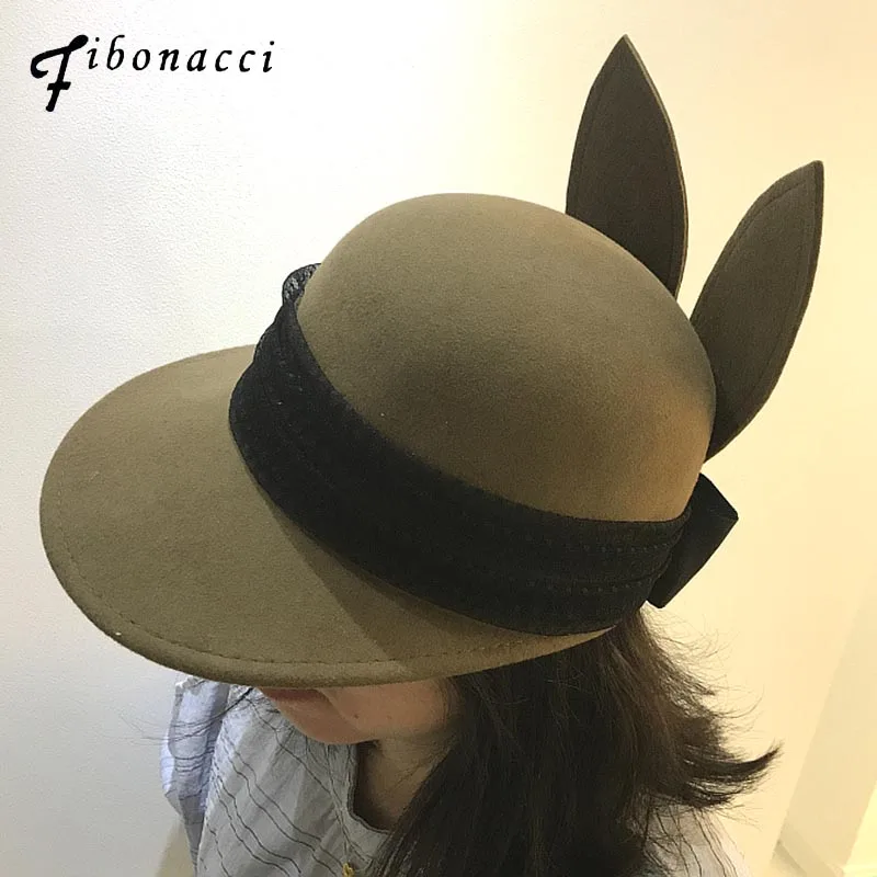 

Fibonacci Fashion Rabbit Ears Lace Bow Fedoras Wool Felt Hats for Women Autumn Winter Fedora Equestrian Hat Cap