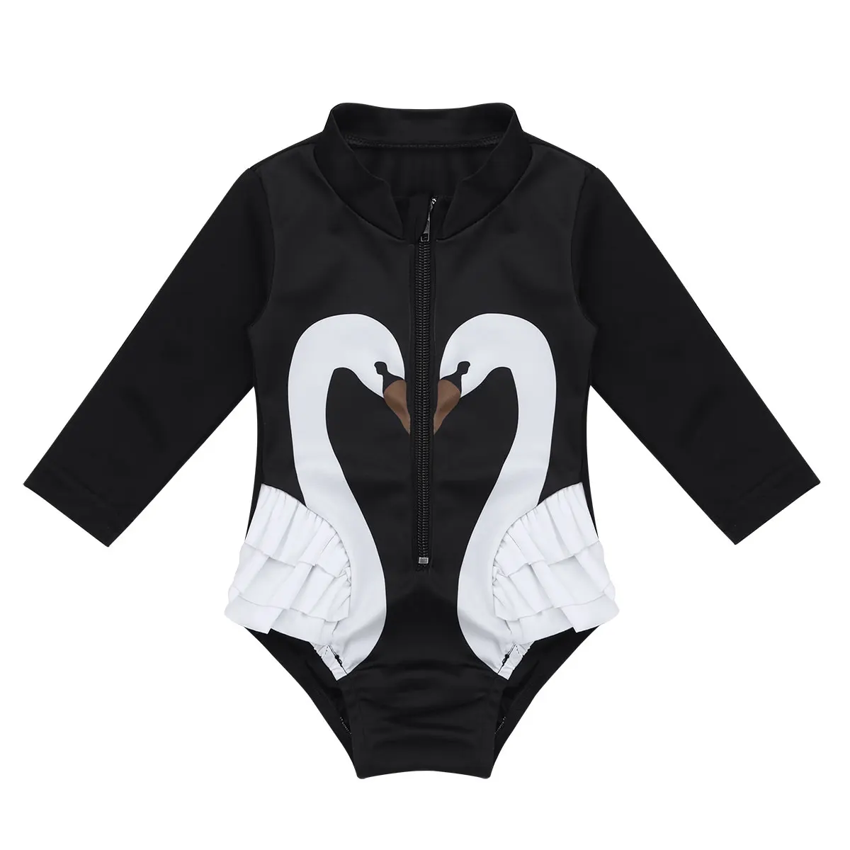 Купальный костюм для новорожденных, летний костюм с солнышком для маленьких девочек, купальный костюм с длинными рукавами и принтом лебедя, купальная одежда, цельный купальный костюм для девочек - Цвет: Black