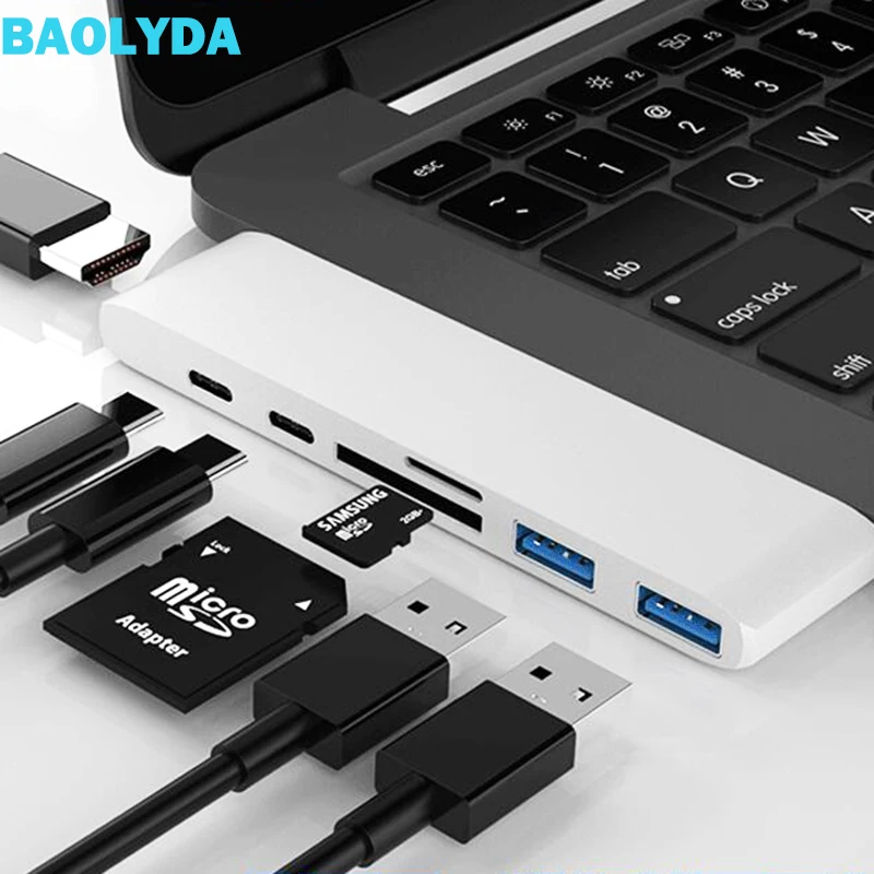 

Baolyda Type C USB HUB 5in1/6in2/7in2 USB Type C Adapter Thunderbolt 3 Dock Type-C Dual Hub Adapter for MacBook Pro 2019 2018
