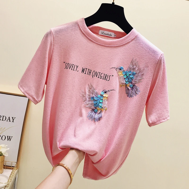 يزين تي شيرت النساء قمم الصيف تي شيرت تي شيرتات قصيرة الاكمام الجليد الحرير التي شيرت camisetas موهير فيرانو 2019 المحملة قميص فام