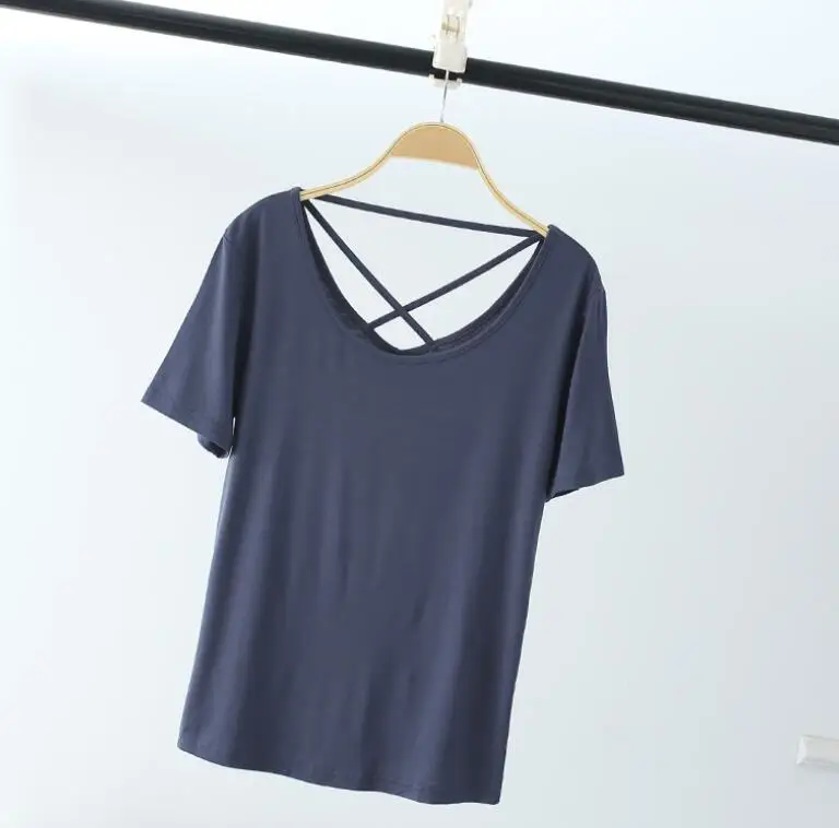 Женская футболка для фитнеса, короткий рукав, открытая спина, тонкие футболки, летние спортивные топы, футболки, ropa mujer - Цвет: Тёмно-синий