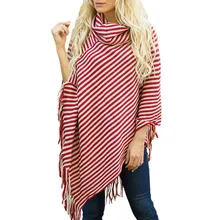 Fashion Black and White Striped Shawl Autumn Loose Knitted Sweater Women's Tassel Cloak Top Poncho High Collar Full Sleeves black chiffon loose bat sleeves cape shawl top