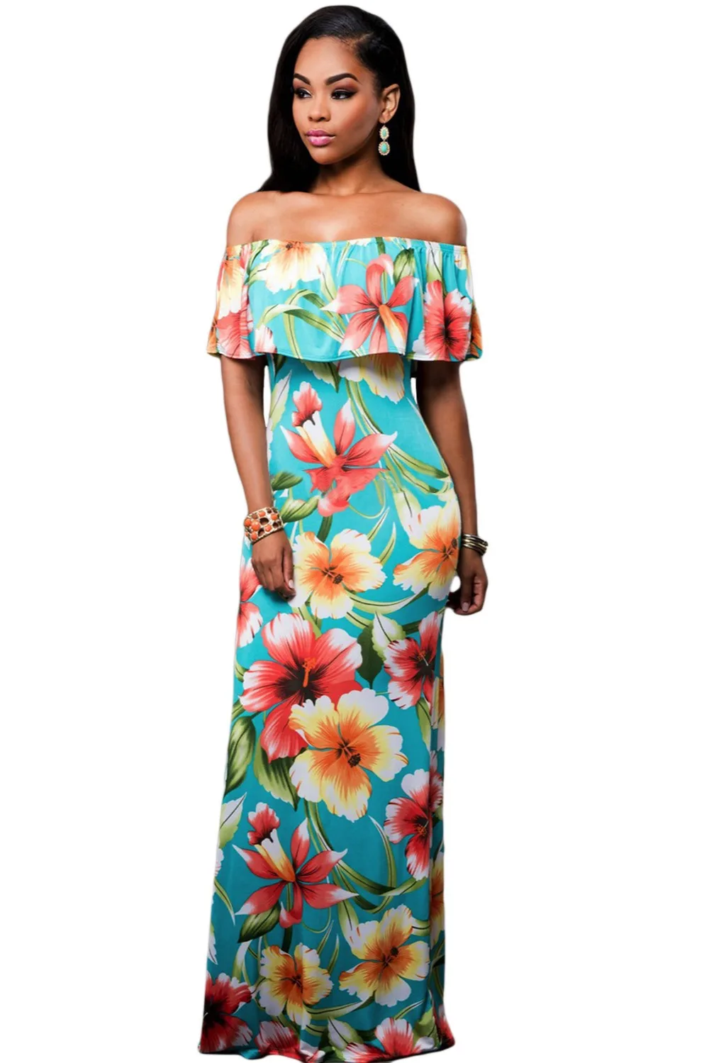 Turquoise-Roses-Print-Off-the-shoulder-Maxi-Dress-LC61189-4-1