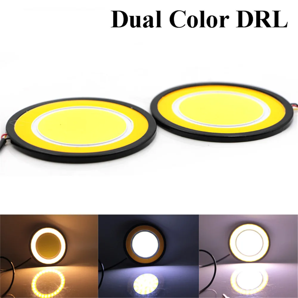 

Car Led Daytime Running Turn Signal Lights Dual Color DRL 12V Day Light Led Car Round COB White Yellow Led Bulb