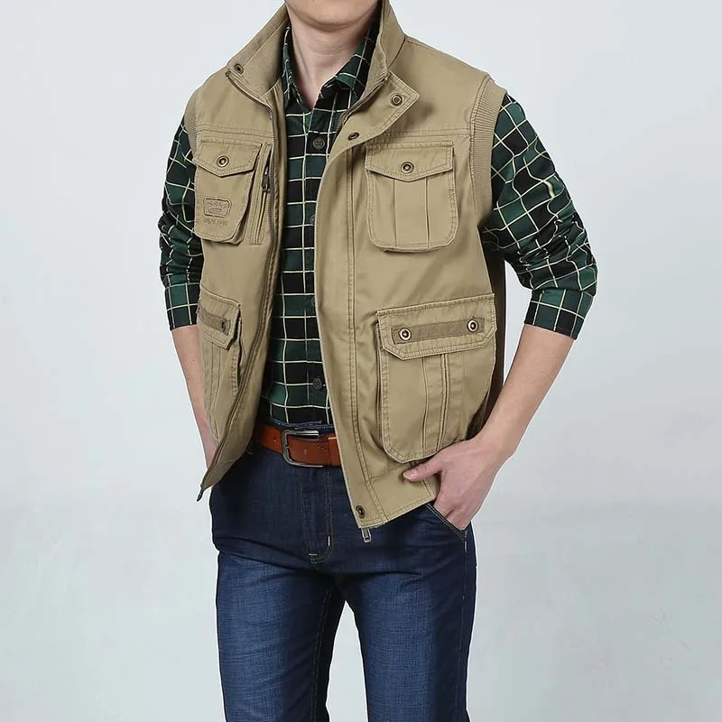 Big Size 7XL OUTWEAR Vest with Many Pocket Men Casual Sleeveless Jacket Cotton Stand Collar