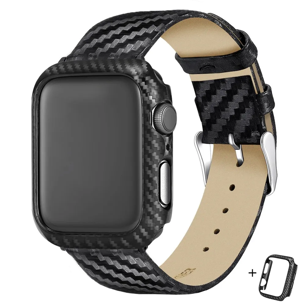 

For Apple Watch iWatch Band 40mm 44mm Carbon Fiber Sport Wrist Leather Bracelet Replacement Strap + Watch Case for Apple Watch 4