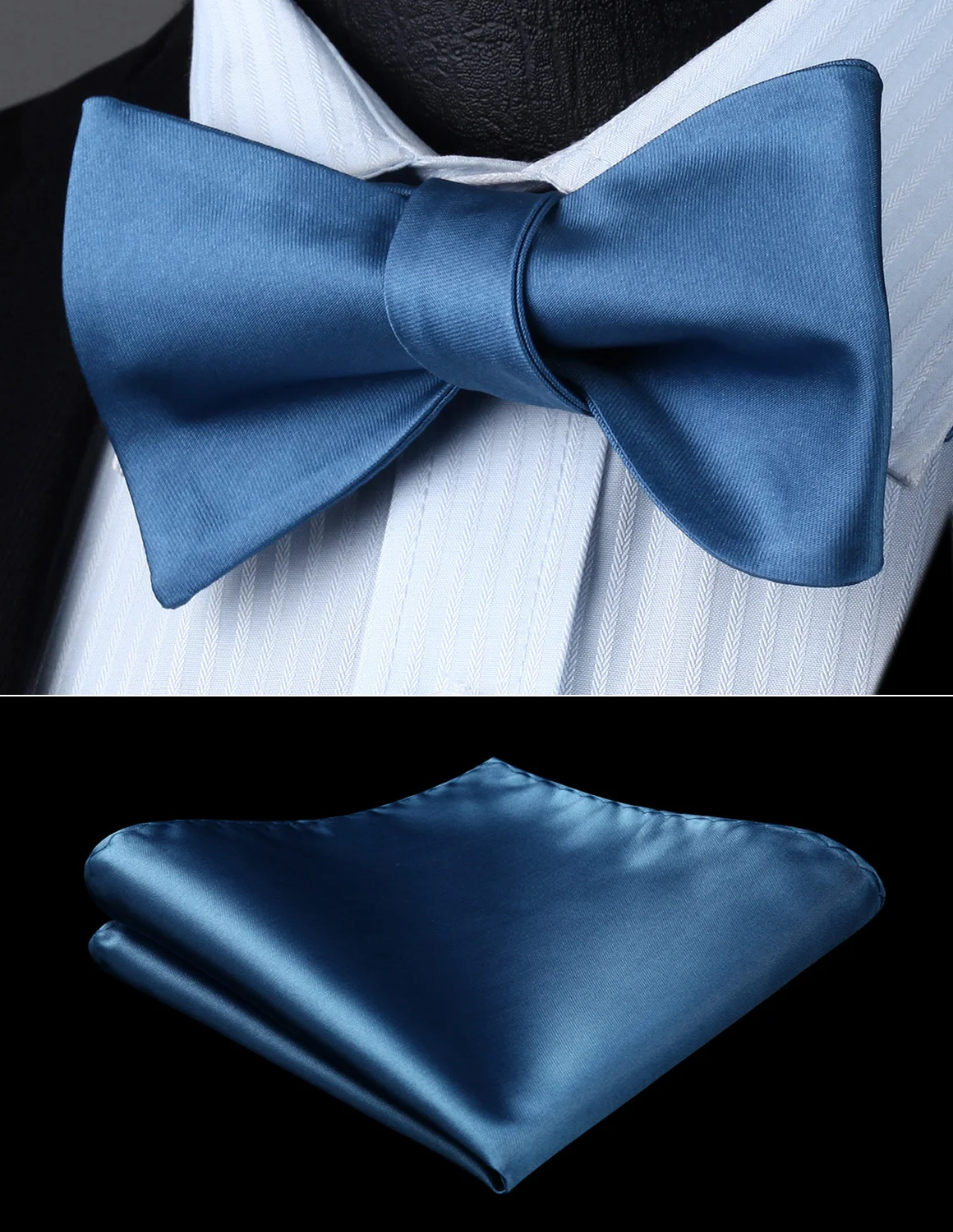 Men Woven Party Wedding Blue Solid Self Bow Tie Pocket Square Set