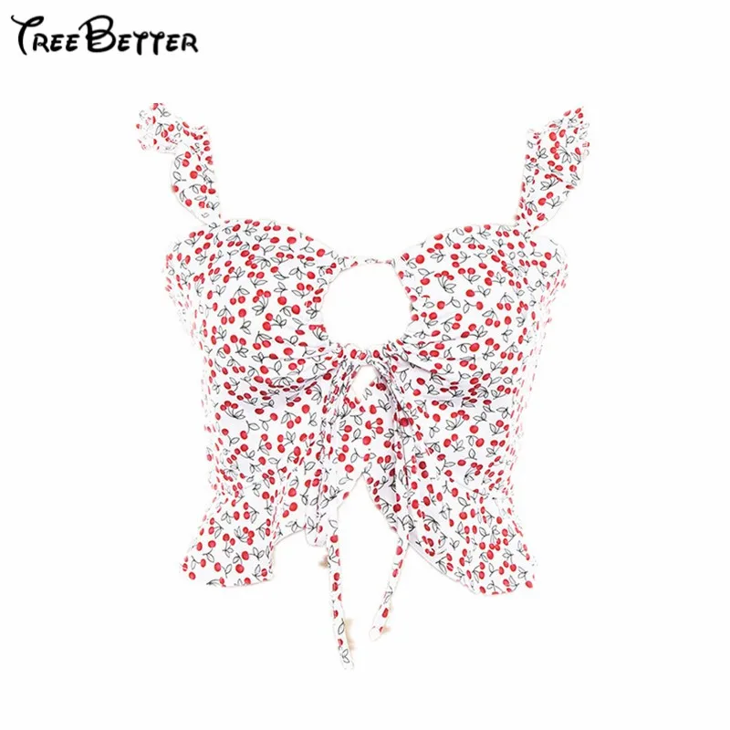 

Ruffles Print Camis Lace Up Sleeveless Crop TopsWomen Summer 2019 Causal Sexy Short Tanks New Hollow Out Ladies Pullover