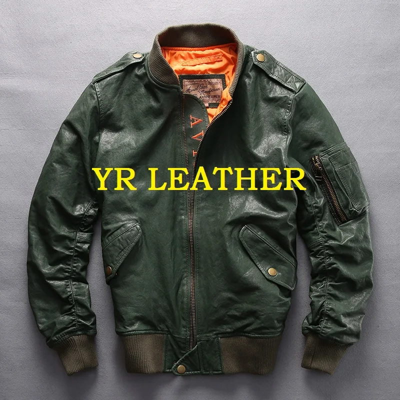 

YR!Free shipping.100% tanning goatskin.Brand classic A1 leather flight bomber jacket,mens slim genuine leather coat,plus size