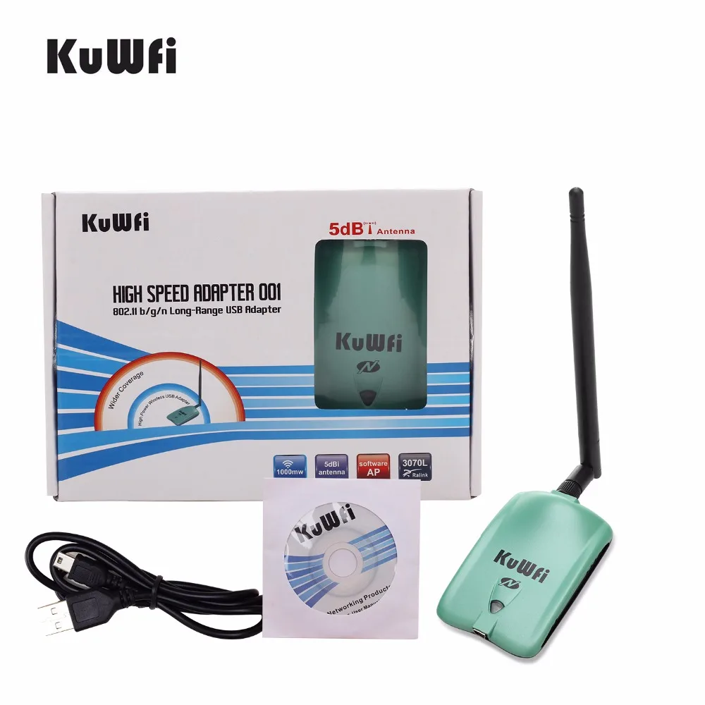 KuWfi высокое Мощность 150 Мбит/с Беспроводной USB адаптер 802.11b/n/g высокой Скорость 5dBi PC