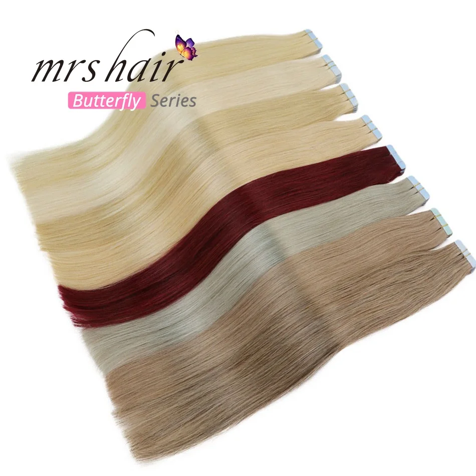 MRSHAIR 6# Skin Weft Human Hair Straight 10pcs 20pcs Tape In Extension Non-Remy Hair Double Sided Tape Hair 16\