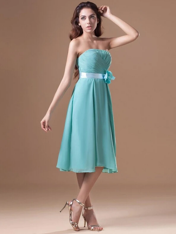 Custom Made Tea Length Bridesmaid Dresses Mint Green Chiffon Custom Made Tea Length Bridesmaid Dresses Mint Green Chiffon Mid Calf Junior Gowns With Pleats And Flower In From