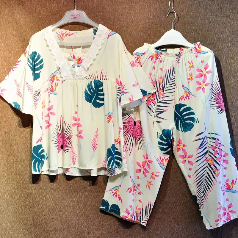 

Pink Beige Noil Poplin Pajama Set Women Summer Home Wear Two Pieces Sleepwear Set Banana Leaf Pyjamas pijamas mujer