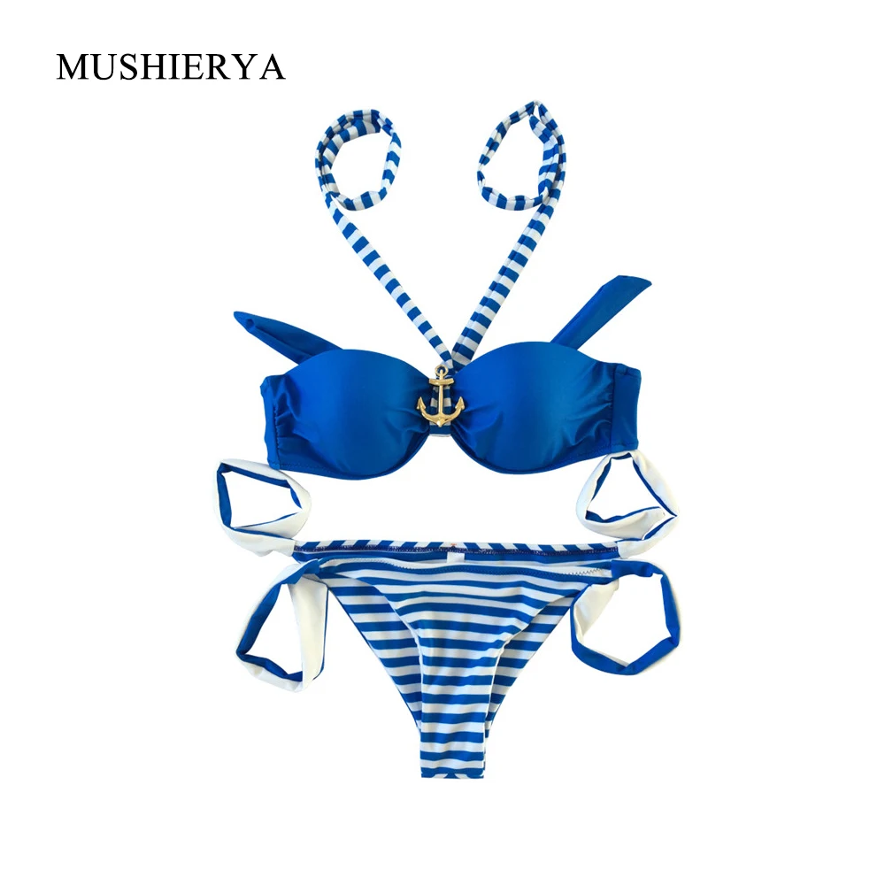 Hot sexy Bikini Hawaii style simple Navy swimwear checkered sexy beach