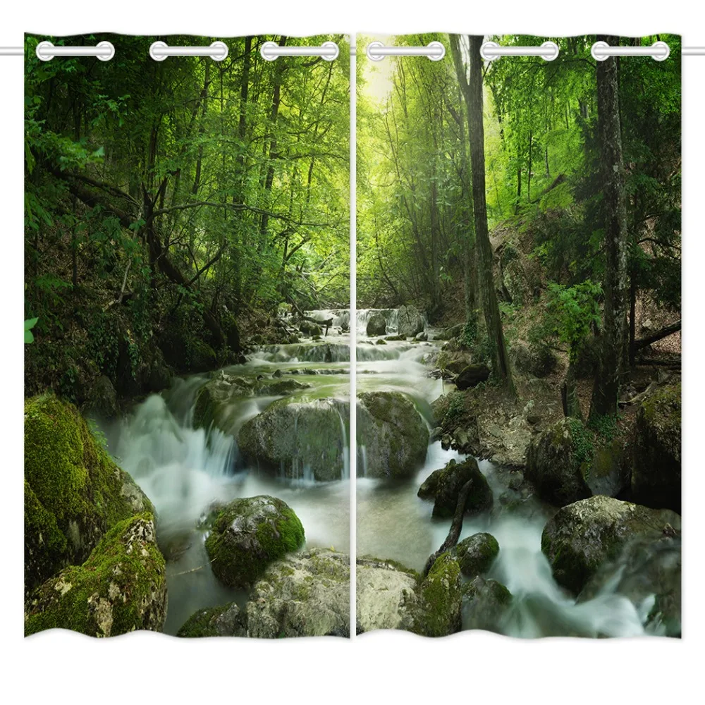 

HommomH Curtains (2 Panel) Grommet Top Darkening Blackout Room Natural Landscape Green Forest Stream
