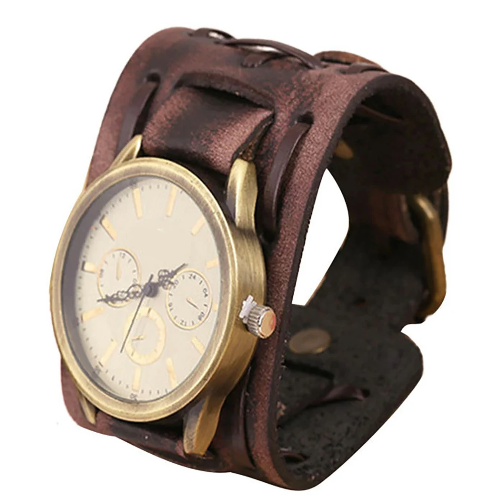 Fashion Design Retro Punk Rock Brown Big Wide Leather Watches Bracelet
