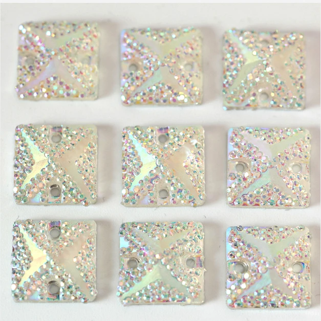 100pcs/pack 12mm Square Shape Clear AB White AB Resin Sew On