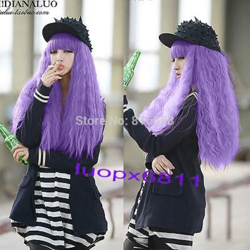 Free shipping@@Fashion Womens Long Curly Wavy Lolita Purple Cosplay Anime Full Wig Women Wigs |