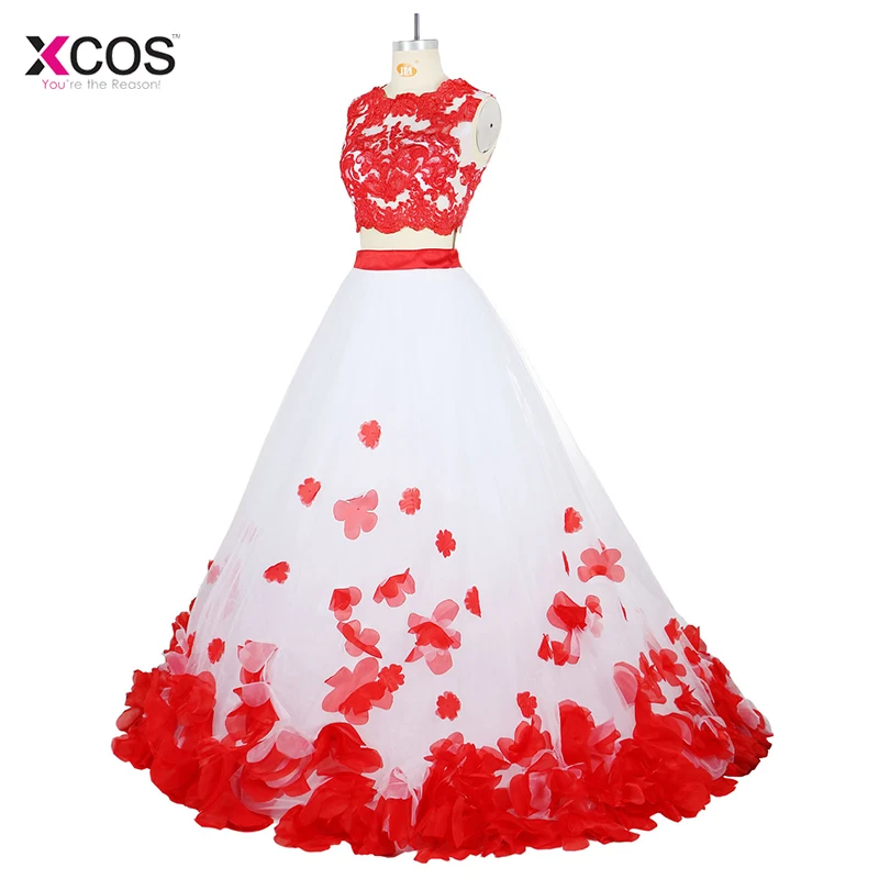 Abendkleider-Two-Pieces-Red-Lace-Prom-Ball-Gown-Petals-Evening-Dresses-Robe-de-Soiree-Formal-Party