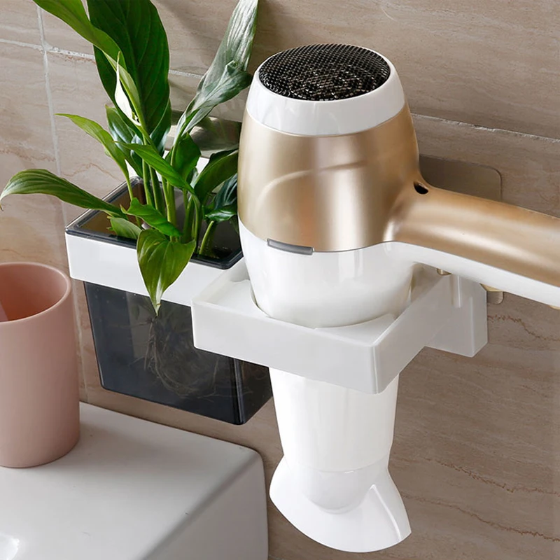 

Bathroom Wall-mounted Hair Dryer Storage Rack Non-trace Comb Cosmetics Holder Organizer Plastic Support Box Accessories Supplies