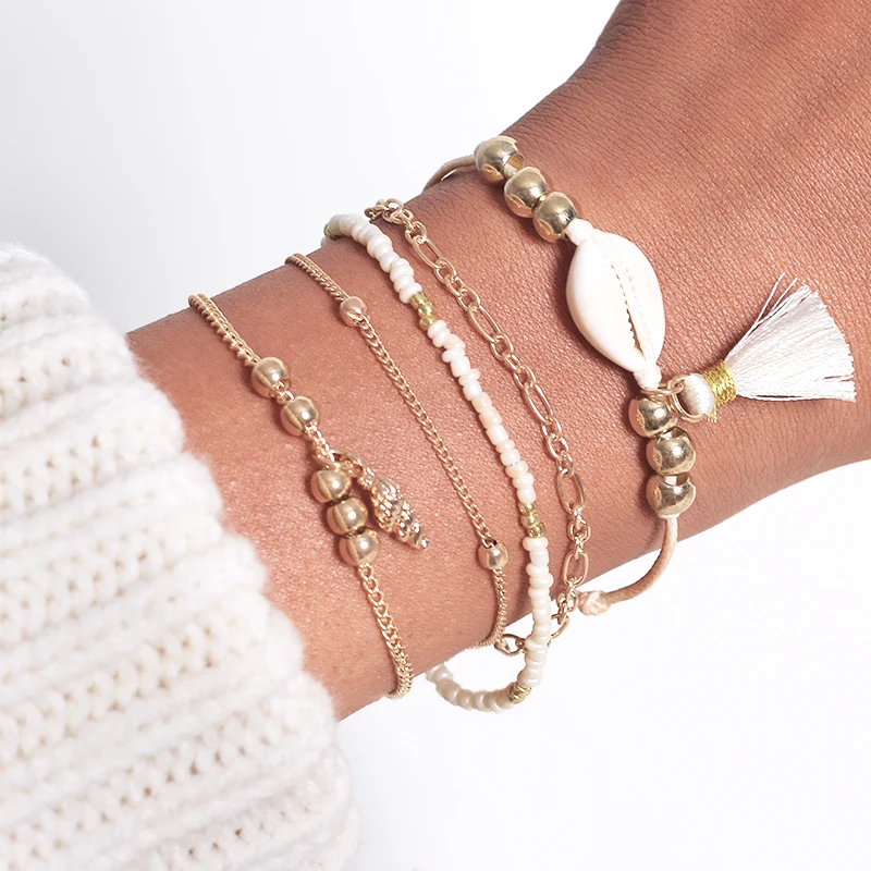 

Doreen Box Bohemian Style Gold Color Bracelets Set Tassel Shell Women Summer Party Jewelry 18cm(7 1/8") long, 1 Set ( 5 PCs/Set)
