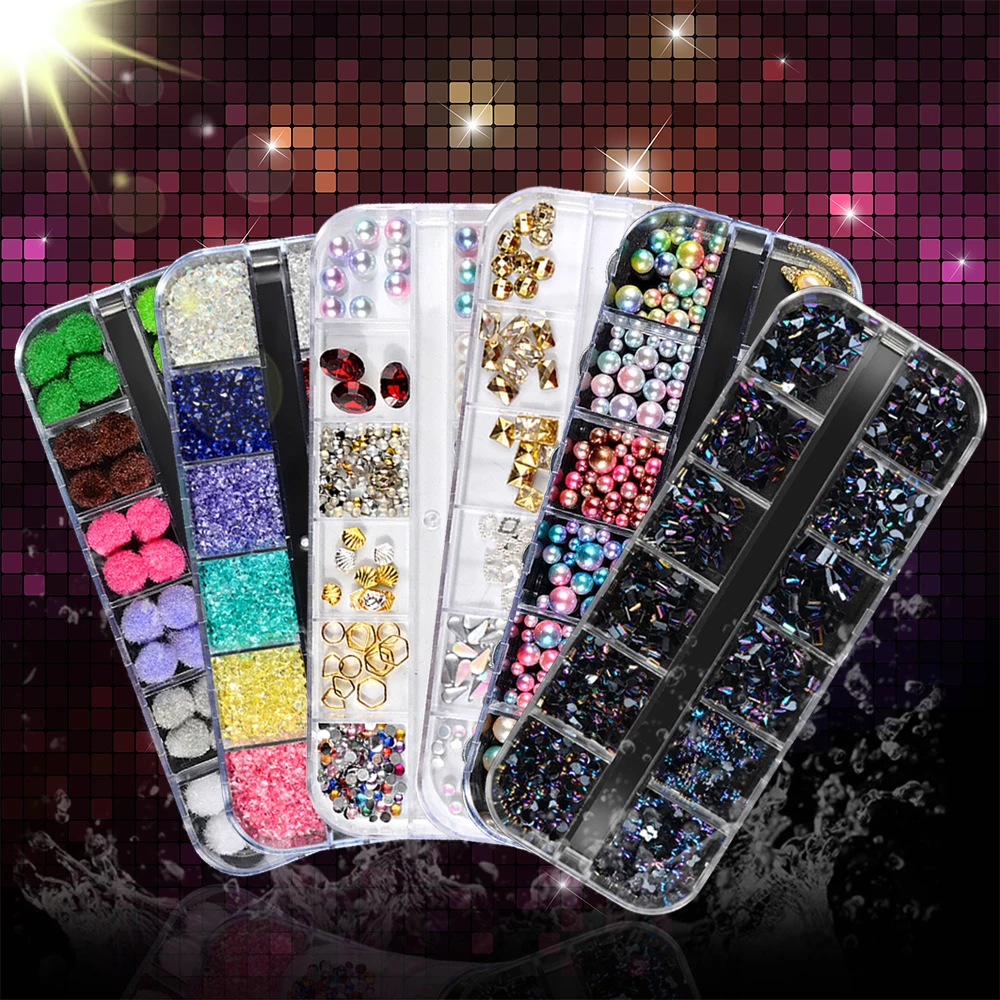 

12 Grids Nail Art Decorations Transparent Diamond Mixed Rhinestones Nail Decoration Round Colorful Glitters With DIY Hard Case