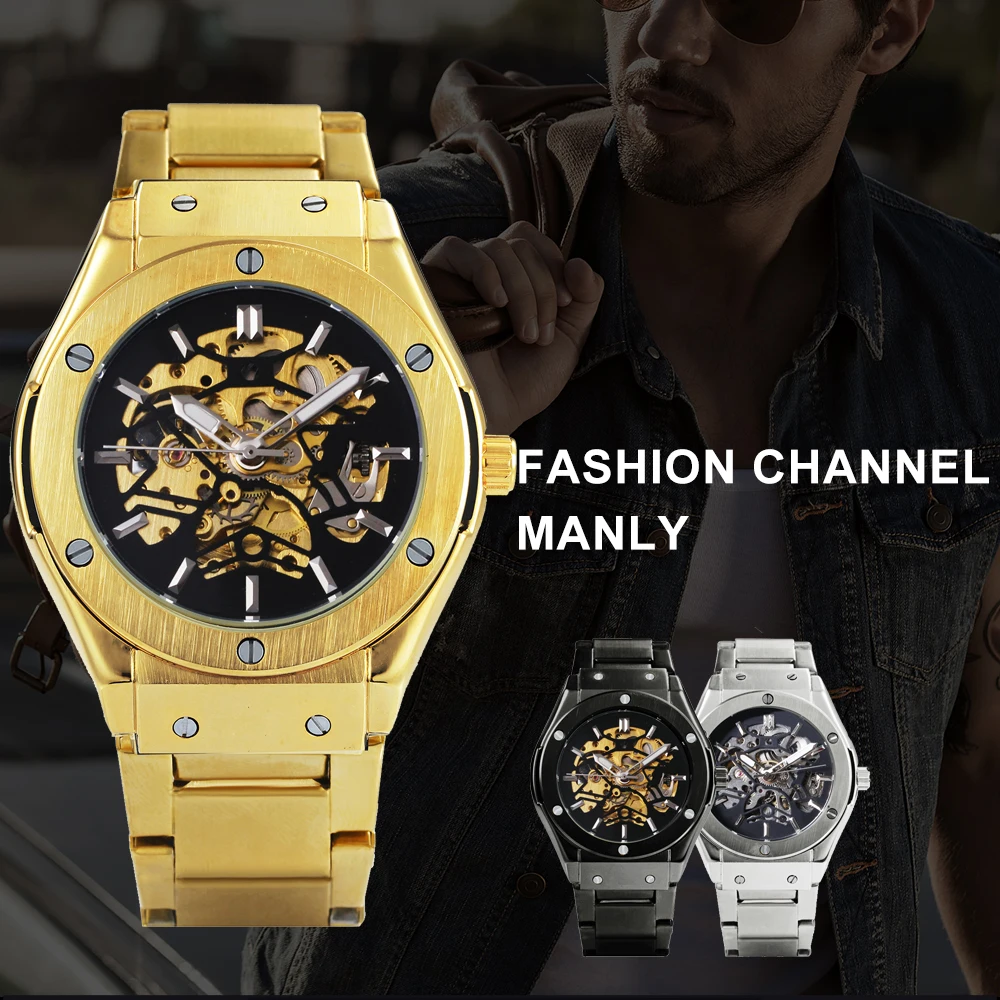 رفاهية الرجال التلقائي ساعات آلية الفولاذ المقاوم للصدأ حزام الترباس 3D الهيكل العظمي الطلب FORSINING ساعة اليد هدية ل رجل