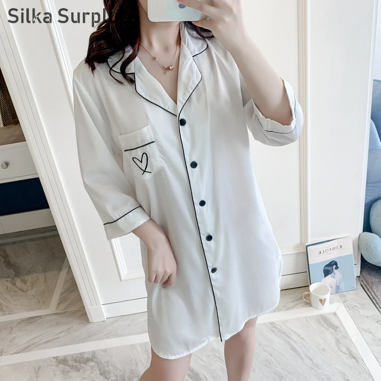 

Silka Surplus Sleepwear Women Satin BF Style Night Dress Sleep Lounge Nightgowns & Sleepshirt Summer Home Clothing Home Dress