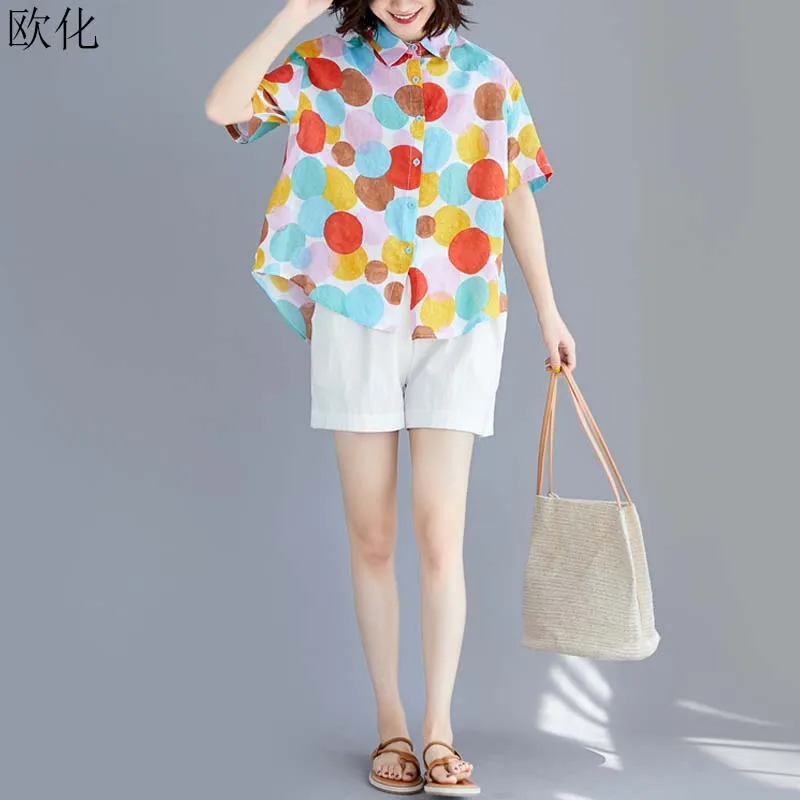 

Women Summer Linen Blouse Plus Size Batwing Loose Cotton Shirt Big Size Vintage Polka Dot Blouse Tops 4XL 5XL Camisas Mujer 2019