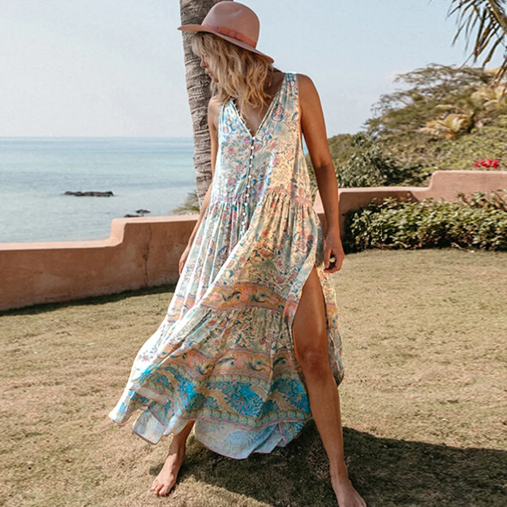 

elegnat bohemian Floral print chiffon dress 2019 sleeveless summer sundress loose v neck beach hippie boho long maxi split dress