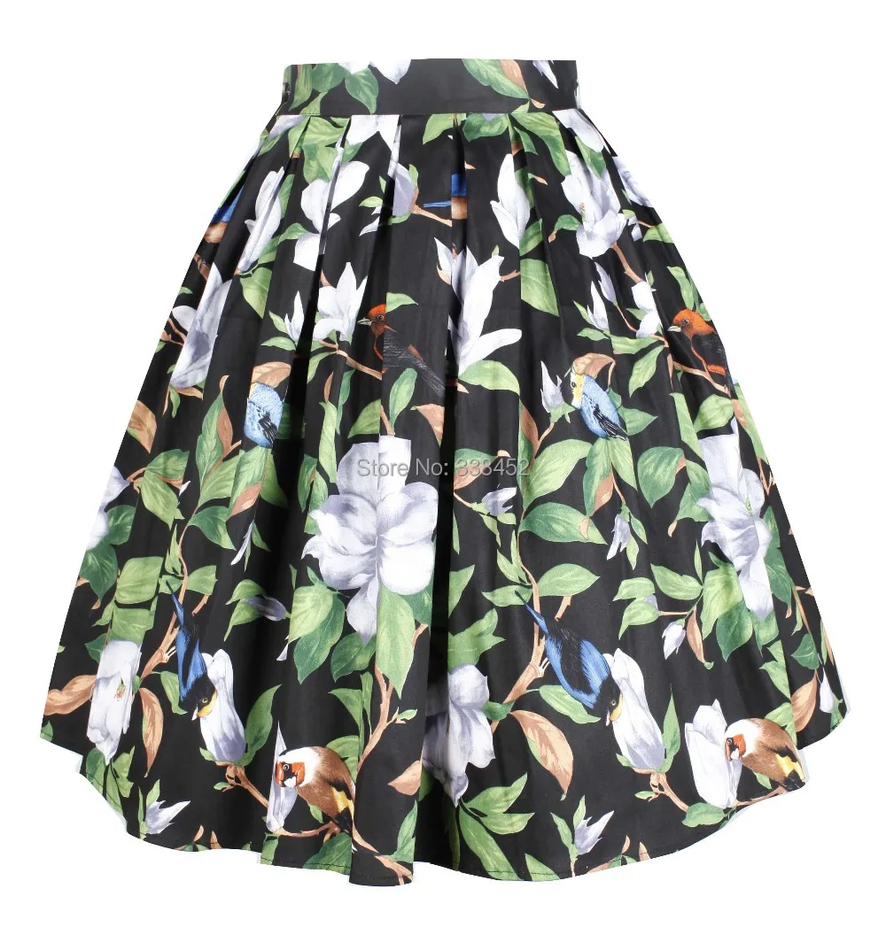 

Spring Summer Female Peony Suzaku Blue Bird Print High Waist A-Line Midi Skirt Vintage Retro Saia Femininas Cintura Alta 2 Color
