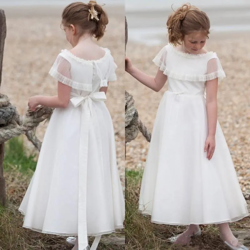 

Pretty Ankle Length Flower Girl Dress with Buttons Ribbon First Communion Gowns Tulle Kids Prom Dress Cheap Price Custom Made