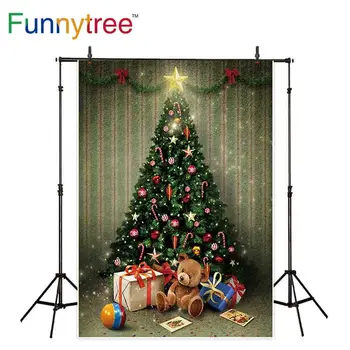 

Funnytree christmas background photography Toy Bear gifts tree bright star ball baby child celebration backdrops wallpaper