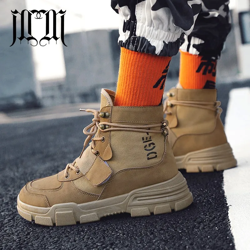 Kopen MUMUELI Khaki Zwart Nieuwe 2018 Designer Casual Hout Land Mannen Schoenen Hoge Top Kwaliteit Fashion Luxe Platte Werk Laarzen Sneakers 2802