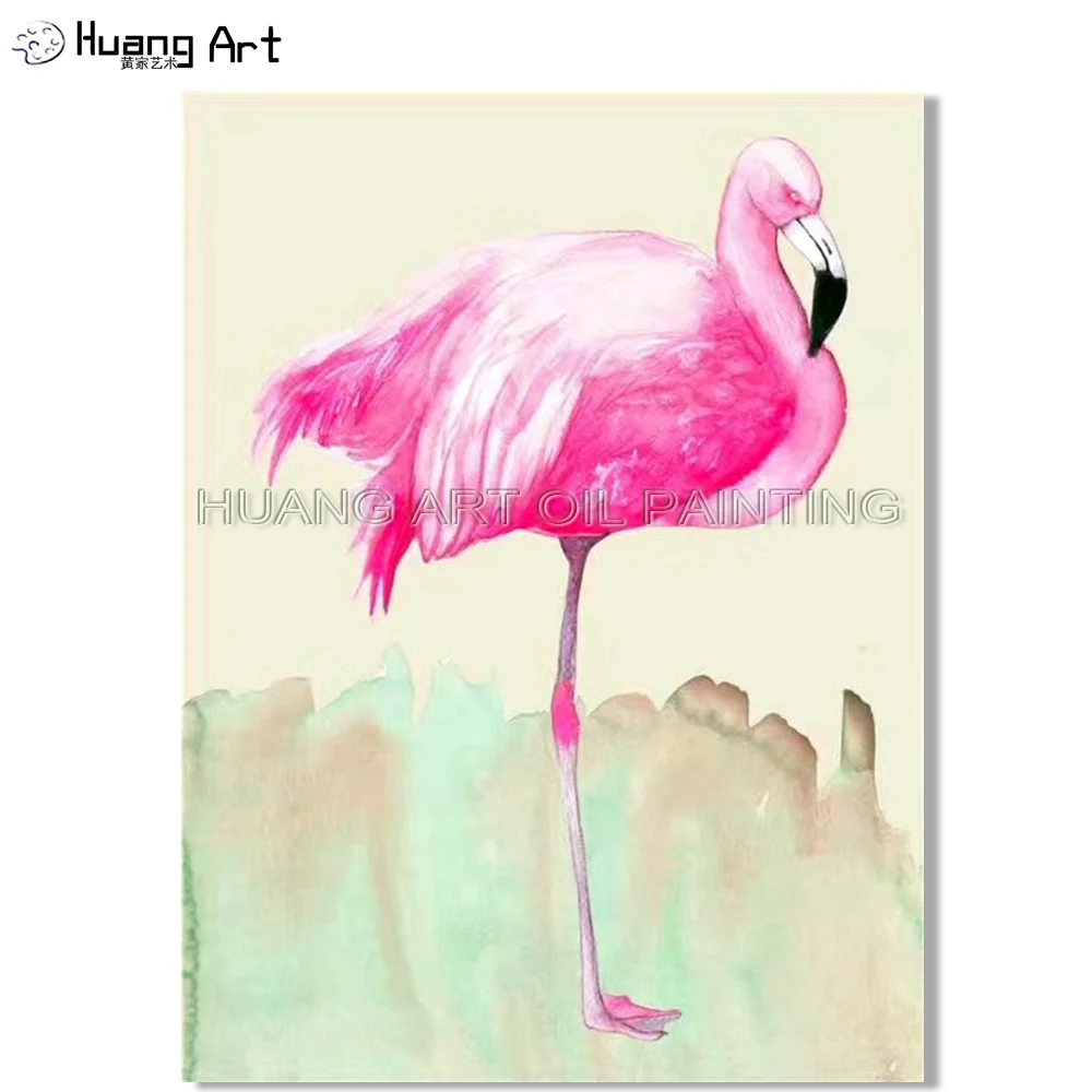 

Top Artist Hand-pained High Quality Modern Pink Flamingo Oil Painting on Canvas Colorful Animalia Flamingo Decorative Painting