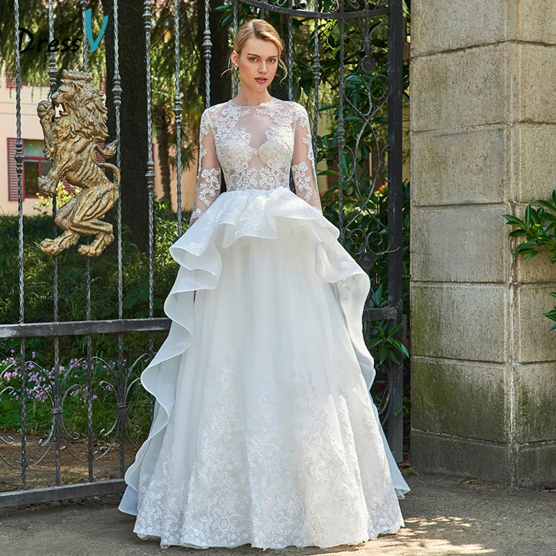 Dressv Long Wedding Dress Floor Length Long Sleeves A line Appliques