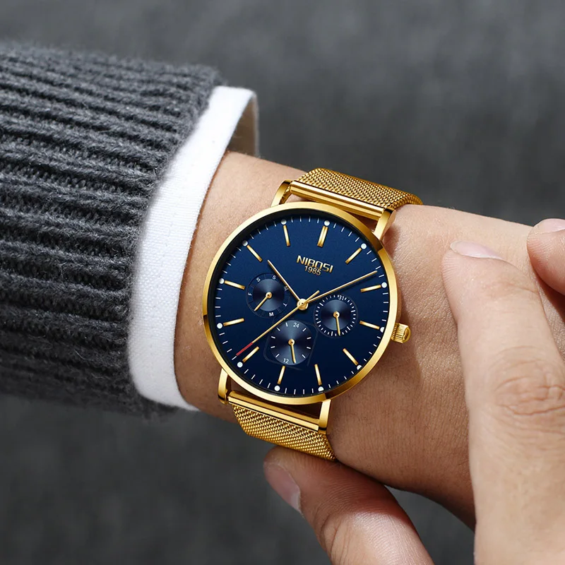 

NIBOSI Watch Men Luxury Golden Steel Man Clock Wristwatch Relogio Masculino Watches Men Blue Ultra Thin Watch Men Luxury Brand