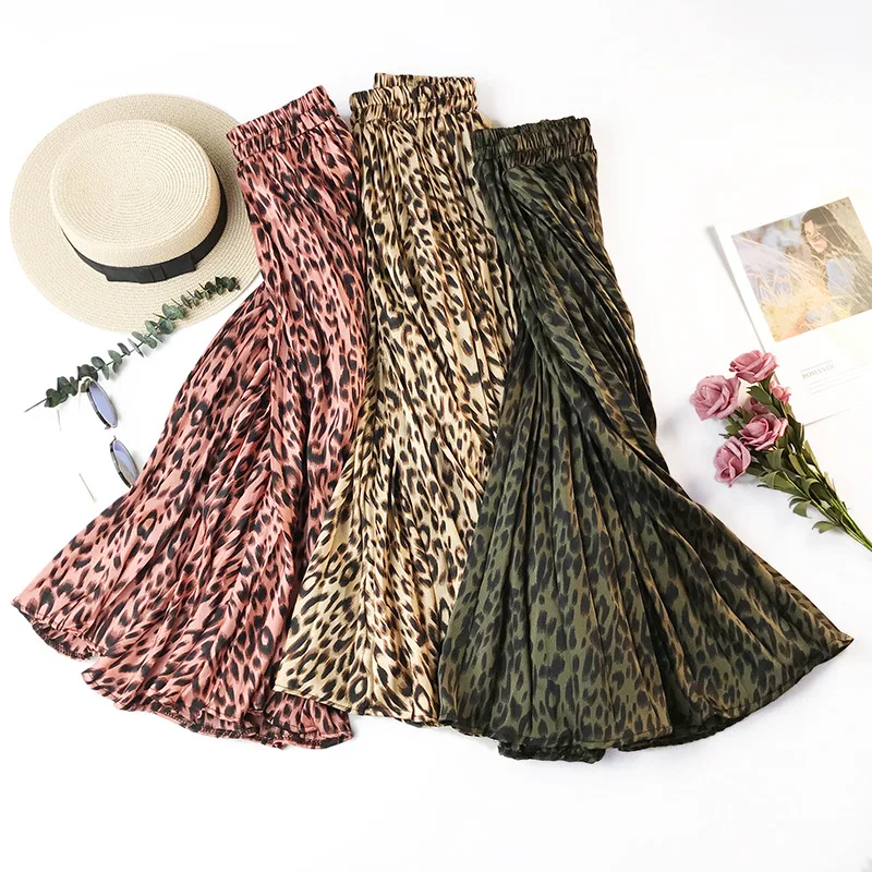 

Leopard Print Pleated Skirts Women 2019 Spring Summer Midi Long Korean Elegant High Waist A-line Sun Skirt Female