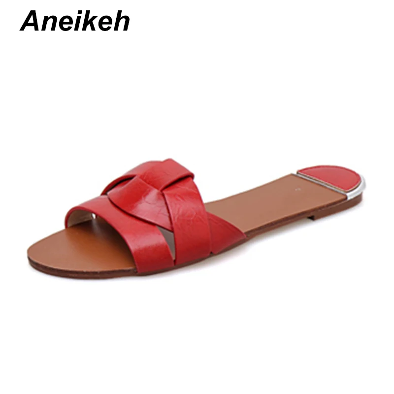 

Aneikeh 2019 Classic PU Slippers Women Round Toe Women's Shoes Flat With Outside Causal Black Yellow Red Brown Blue Size 35-39