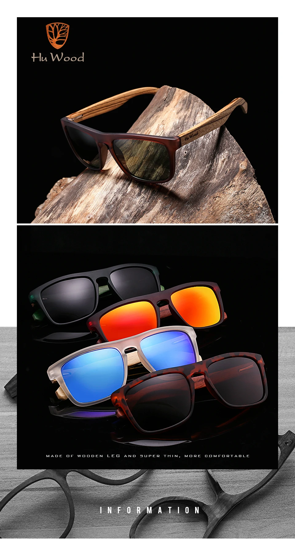Мужские солнцезащитные очки HU из натурального бамбука, Зебра, дерево, солнцезащитные очки, поляризационные солнцезащитные очки, прямоугольные линзы, для вождения, UV400, GRS8002
