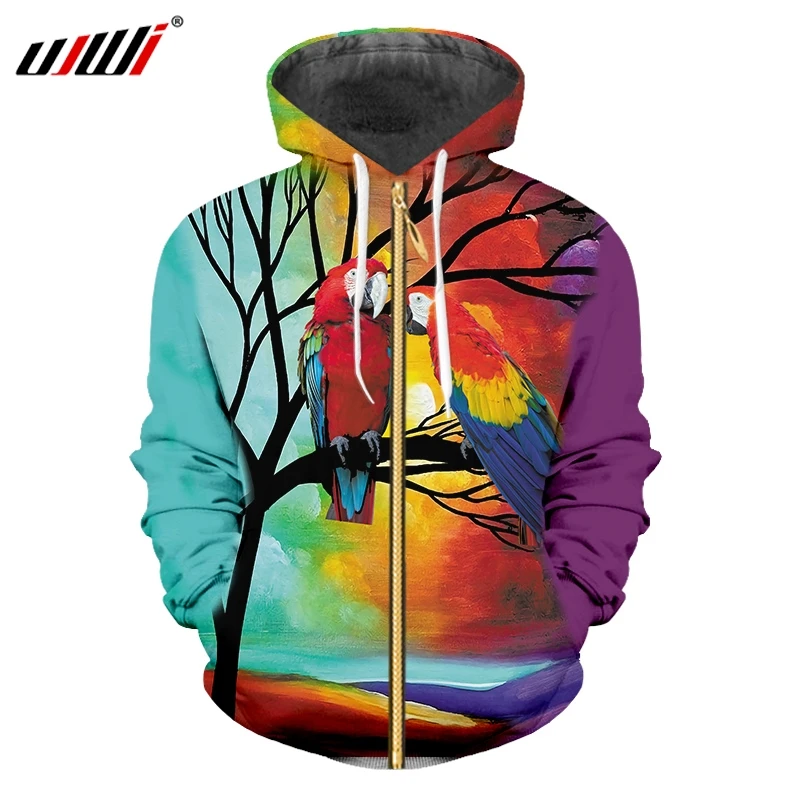 

UJWI Zipper Hoodies Man New Personality 3D Printed Funny Red Parrot Colorful Big Size Unisex Zip Hooded Sweatshirts