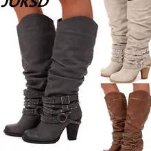 JOKSD/новые модные ботинки с круглым носком в стиле панк, готика, с ремешком женская обувь на высоком каблуке, стразы сапоги до колена mujer zapatos L216